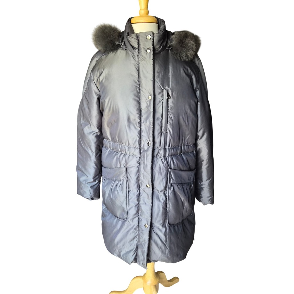 Via Spiga Gray Down Puffer Parka Genuine Blue Fox Fur Trim Hood Coat XL